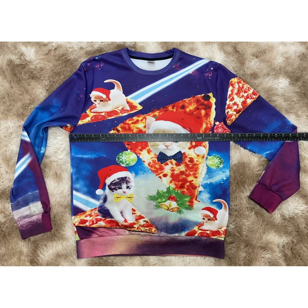 Christmas Space Cat Pizza Galaxy Graphic Sweatshirt Purple Holiday Unisex L - Picture 4 of 5